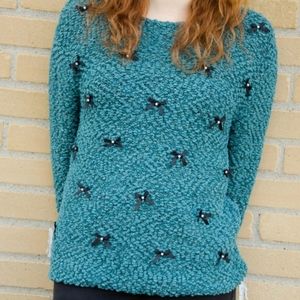 LC Lauren Conrad | Cozy Teal Bow & Pearl Stretchy Sweater Women's Size Small